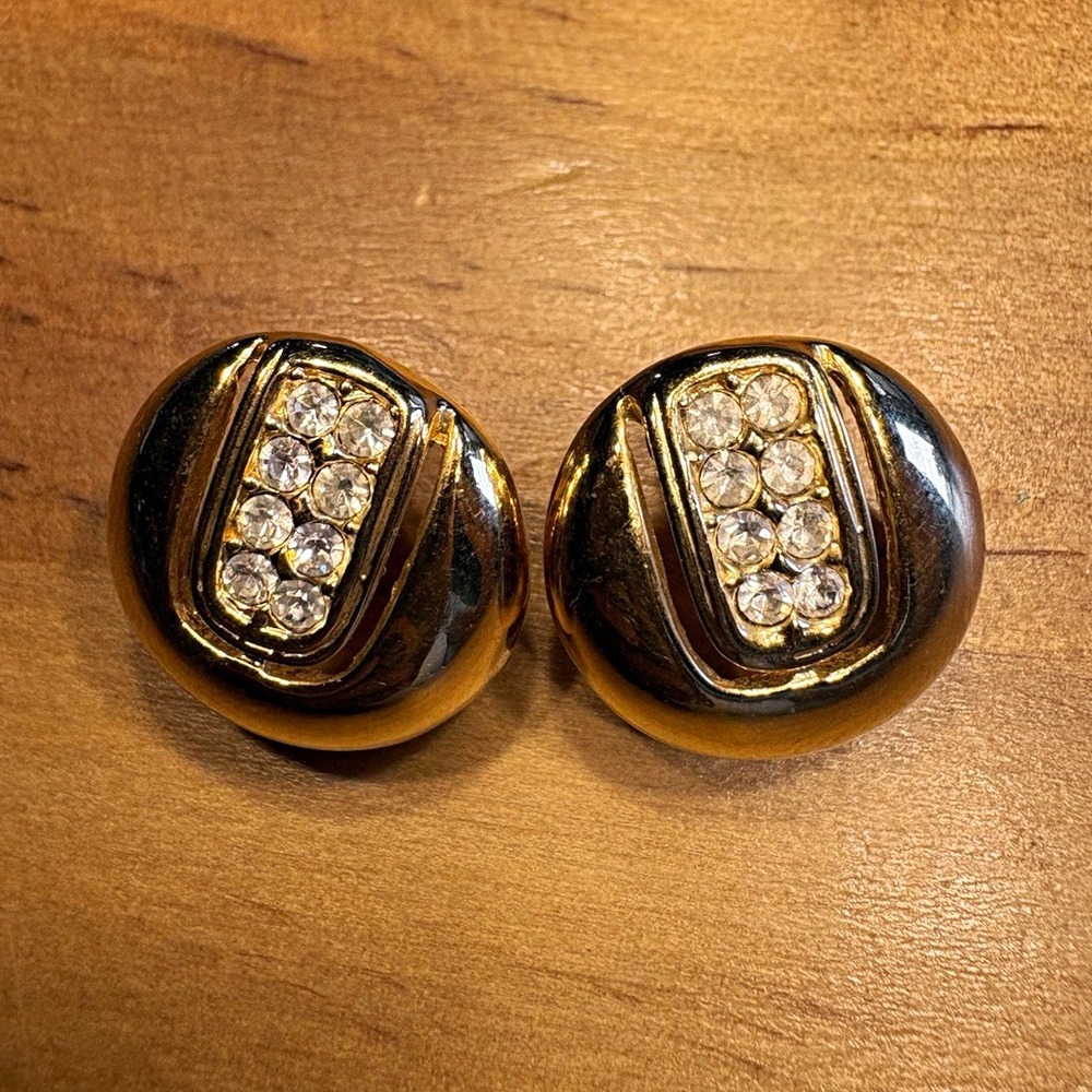 Sarah Coventry Gold Tone Round Clear Crystal Rhinestone Stud Earrings Butterfly